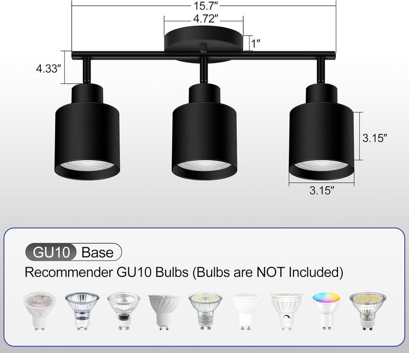 BoostArea Store 3-Light Led Track Lighting,Black Ceiling Lighting Fixtures,Wall Sconces Ceiling Spotlight with Foldable Light Arms for Kitchen, Closet, Bedroom,GU10 Socket, Bulbs Not Included - Image 5